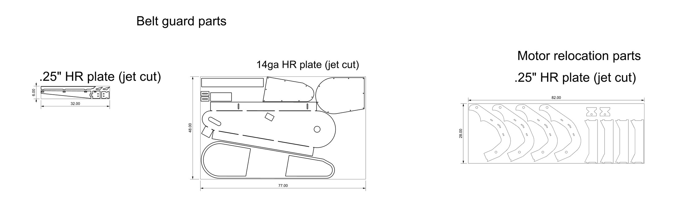 Nest layout showing three material groups with stock dimensions.