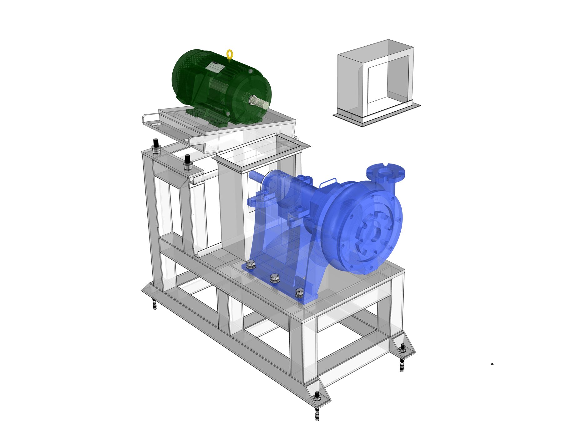 Exploded 3D view showing the guard, the motor with its sub-plate, and the pump separating from the frame independently.
