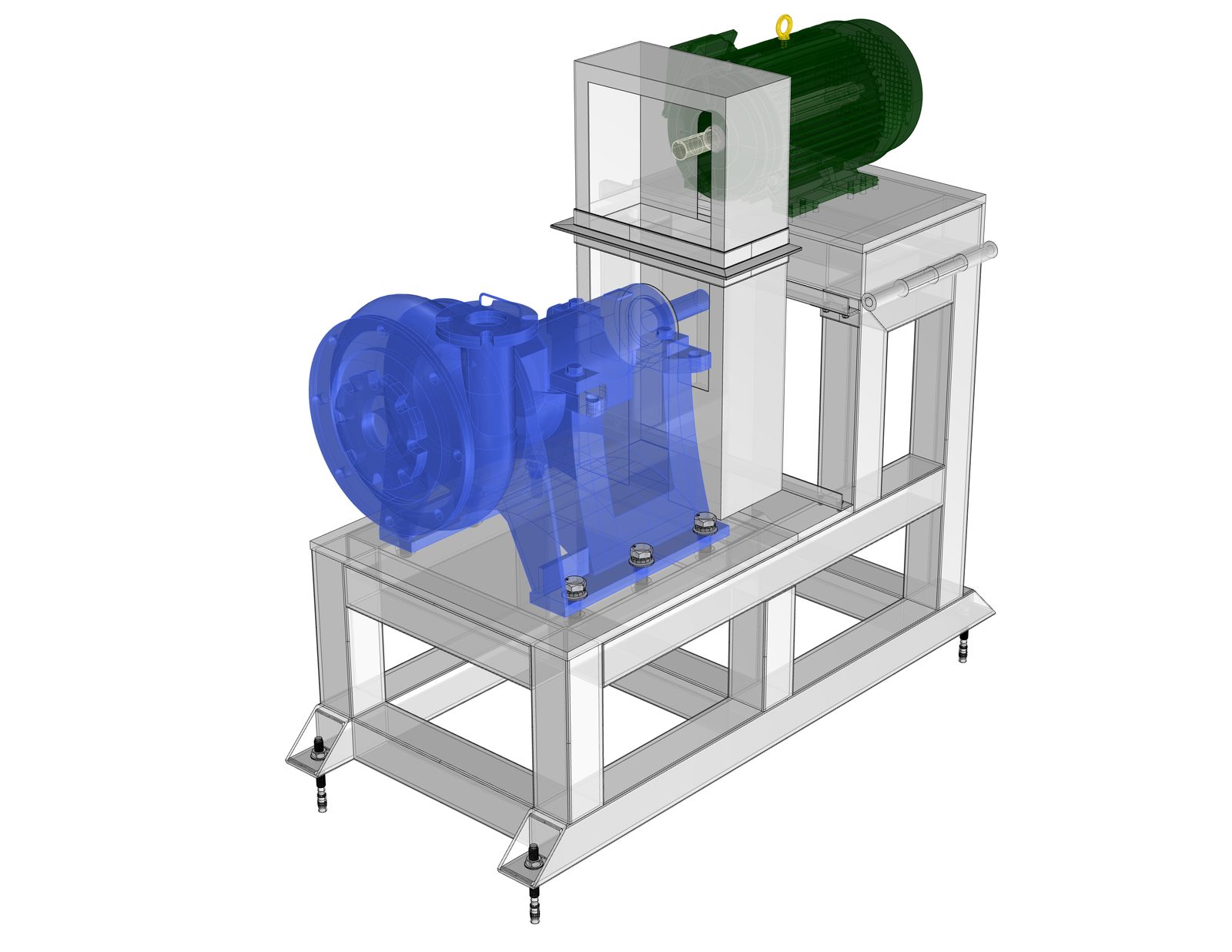 Ghosted 3D view of the pump stand from the pump end, showing the pump on the lower deck and the motor on a raised platform behind it.