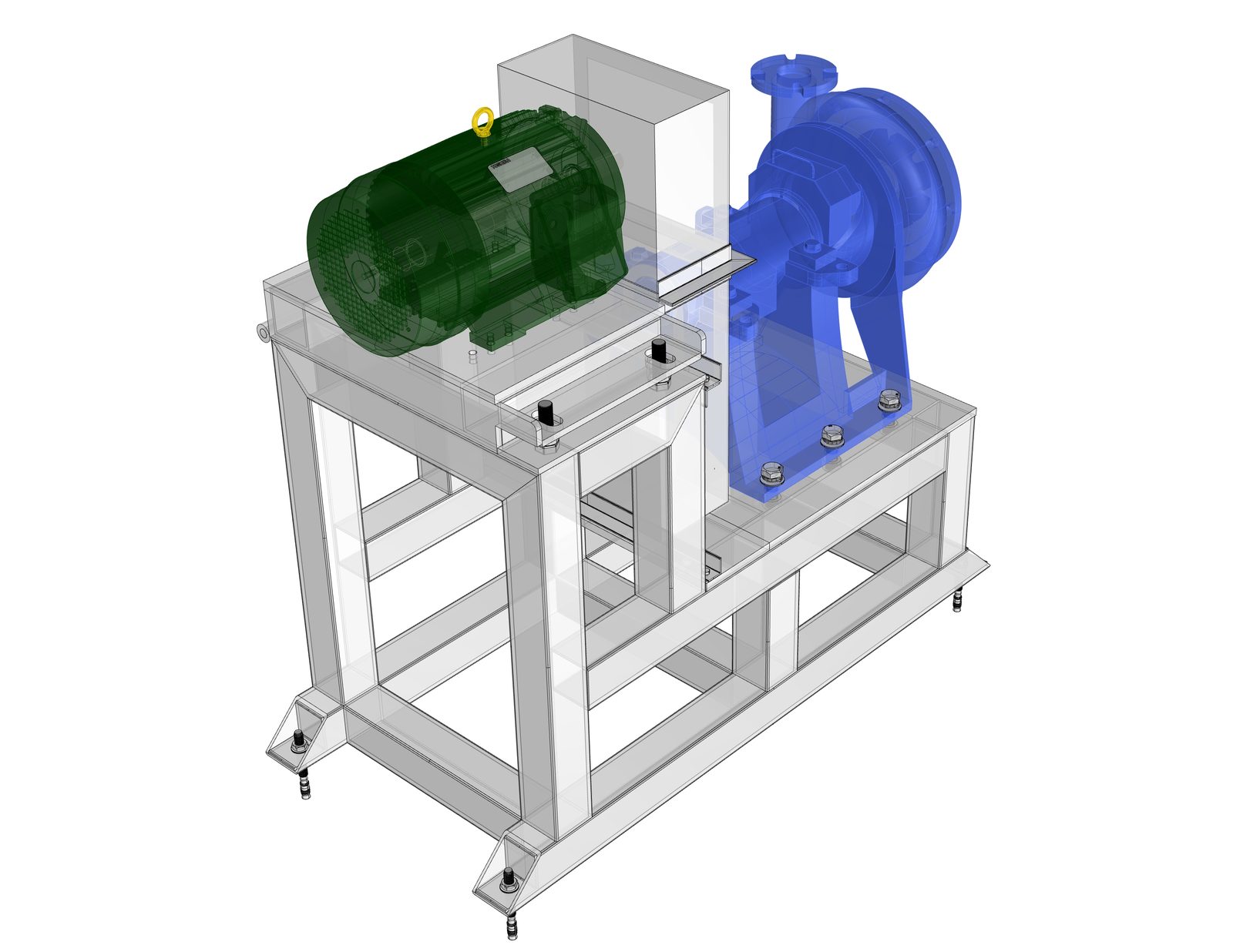 Ghosted 3D view from the motor end, showing the motor sub-plate and tensioning hardware.