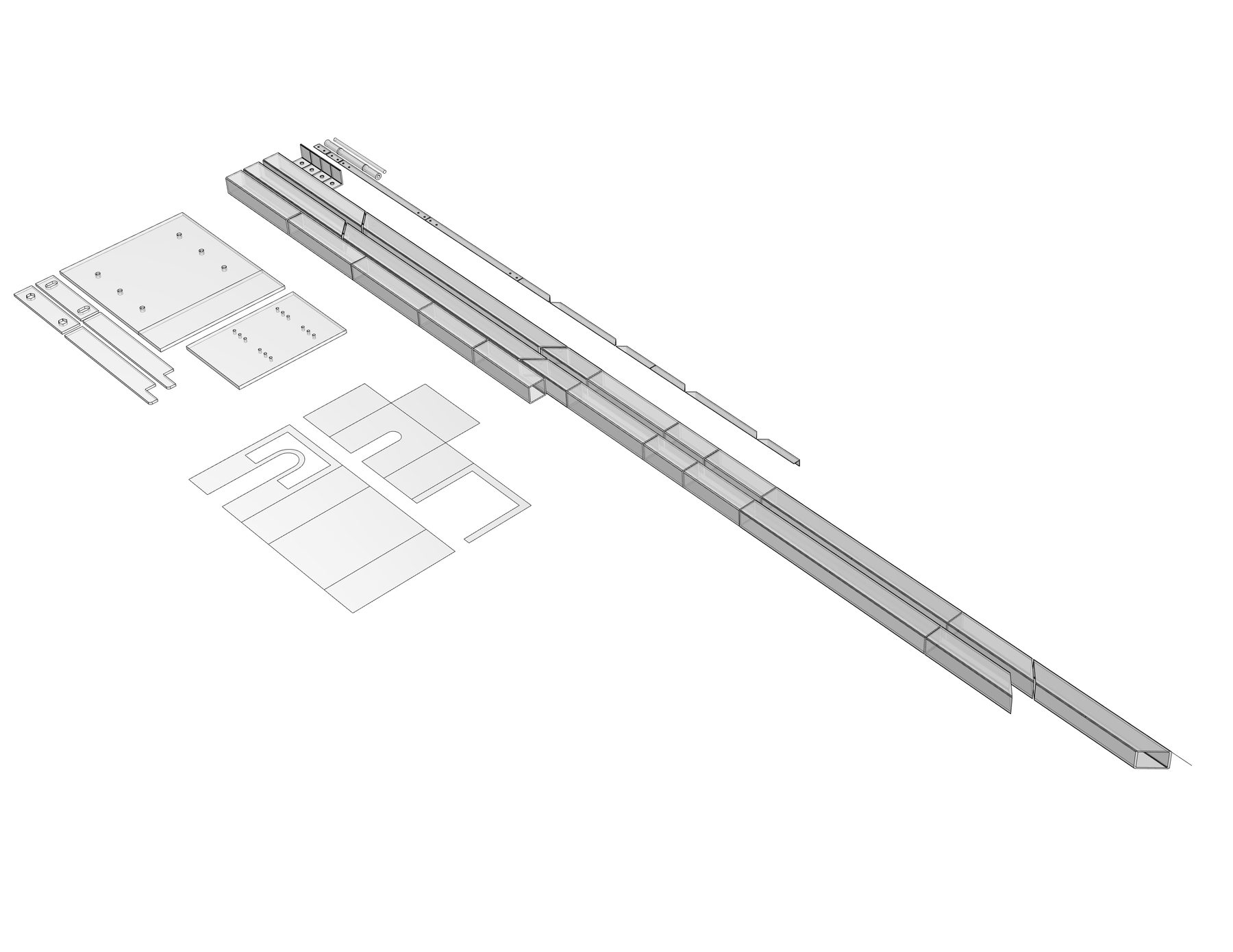 Exploded parts layout showing every plate and tube component of the stand separated out.