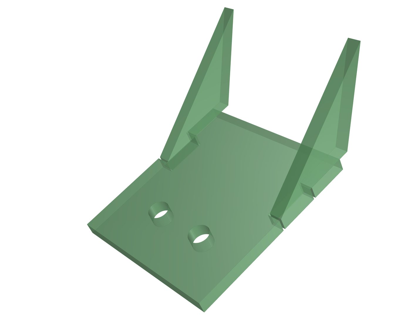 Isolated 3D view of a motor bracket with two gussets tabbed into a slotted base plate.