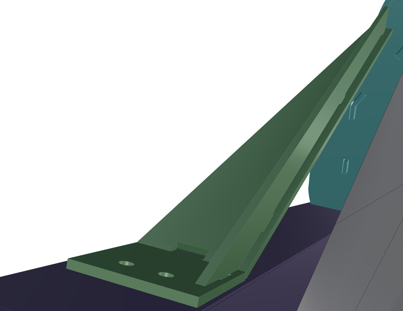 Close view of a long tapered gusset tabbed into its base plate.
