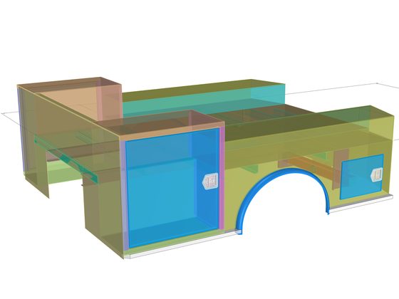Transparent colour-coded model of a truck service body with compartment doors and latches.
