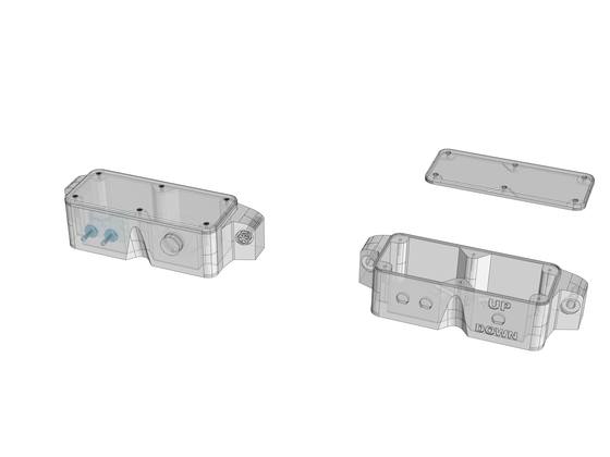 Sealed control enclosure shown open and closed, with moulded UP and DOWN markings.