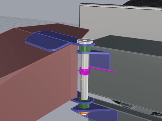 Model of the chute hinge: pin, bushings, washers and the brackets either side.