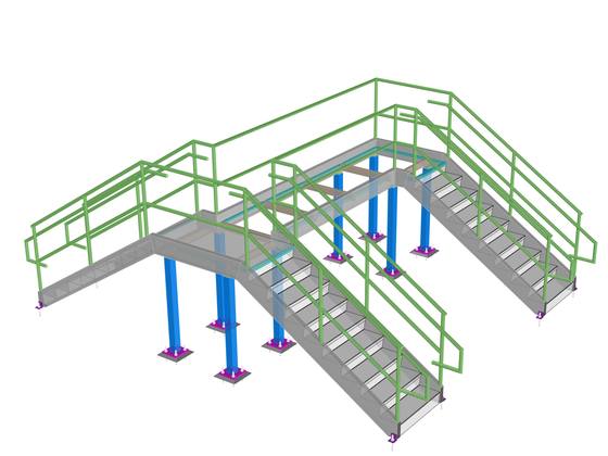 Crossover stair and platform with handrail, modelled in colour-coded assemblies.