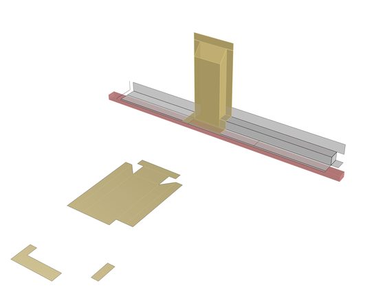 Sheet metal flashing shown fitted to a rail, with its flat patterns below.