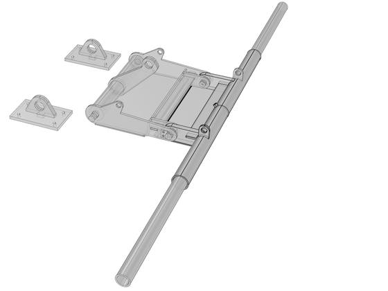 Ghosted 3D model of a grab arm mechanism with pillow block mounts and a shaft.