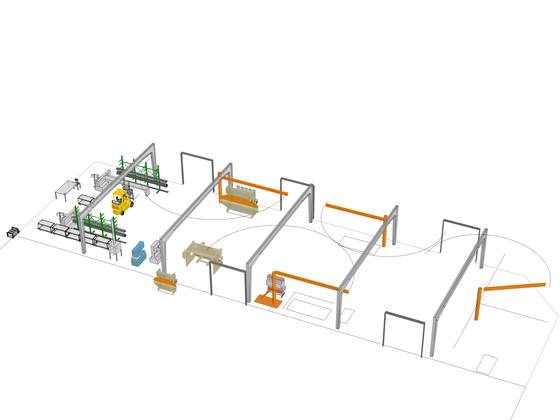 3D layout of a fabrication shop with overhead cranes, press brake, material racks and a forklift.