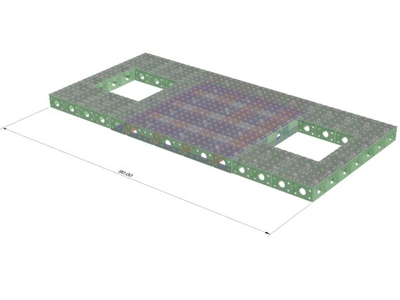 Modular welding and fixture table with a perforated top, shown with a width dimension.