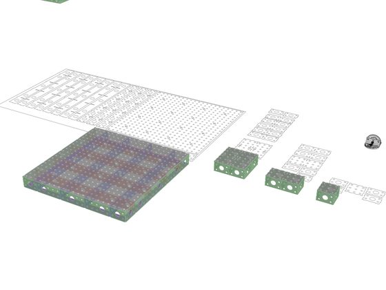 The fixture table shown exploded, with its flat-pattern cut parts laid out alongside.