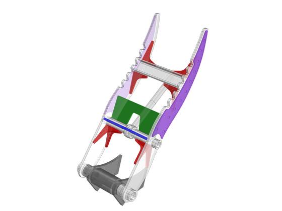 Hydraulic thumb attachment for a mini excavator, parts colour-coded.